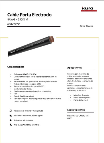 Cable Portaelectrodo Calibre 250 Kcm Rollo De 16 Metros