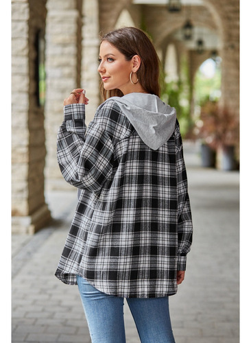 Camisa Casual A Cuadros Con Capucha Para Mujer