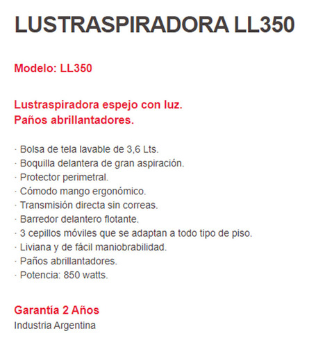 Lustraspiradora Liliana Ll350 Con Luz + 3 Paños 850w 3.6 Lts