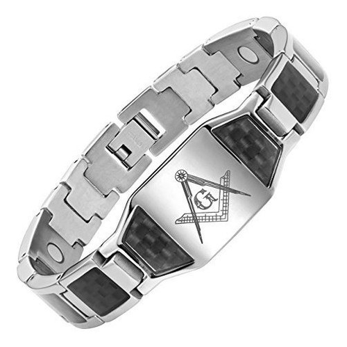 Pulsera Hombre Titanio Logo Masónico Fibra Carbono