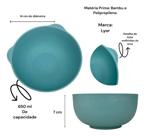 Bowl Tigela Cumbuca Prato Bebê Urso Azul 650ml Bambu E Pp