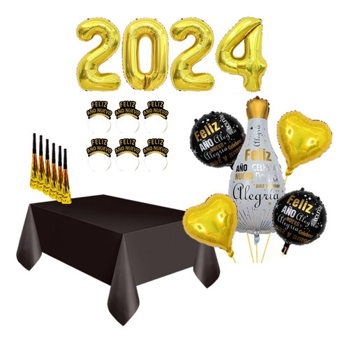 Kit Fiesta Año Nuevo 2024, Mantel,balacas,cornetas,globos