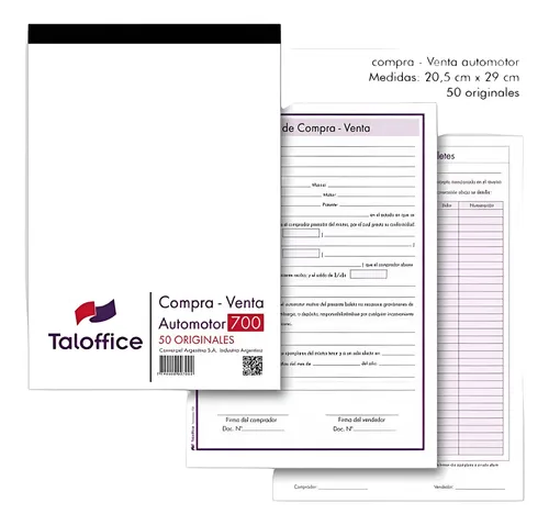 Boleto Compra-venta Automotor 20,5 X 29 Cm X50u Taloffice