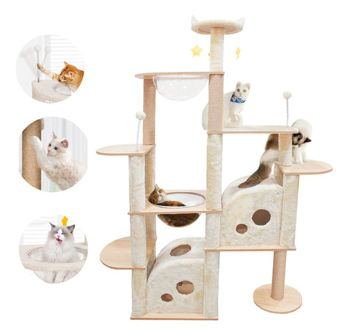 Pet King - Mueble Para Gatos Rascador Juguete Arbol Casa Esferas 172 Cm Color Beige Madera