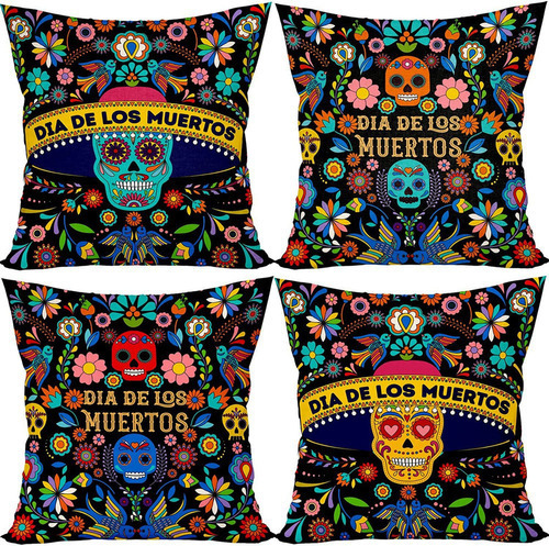 4 Fundas De Almohada Calavera Para El Día De Los Muertos