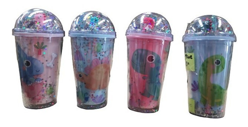 Lote 4 Vasos Dinosaurio  Bebe Doble Pared Luz Led Popote 