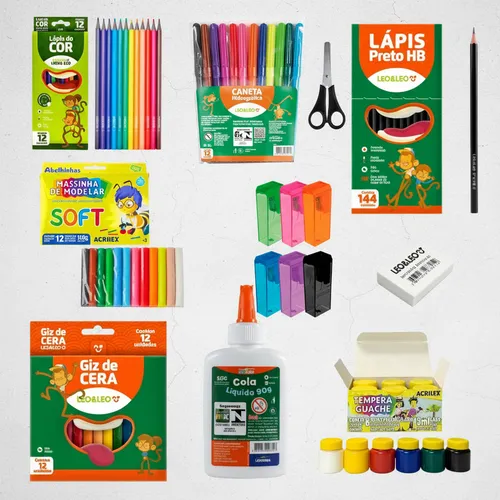 Kit Material Escolar Infantil 60 Peças Giz Guache Massinha