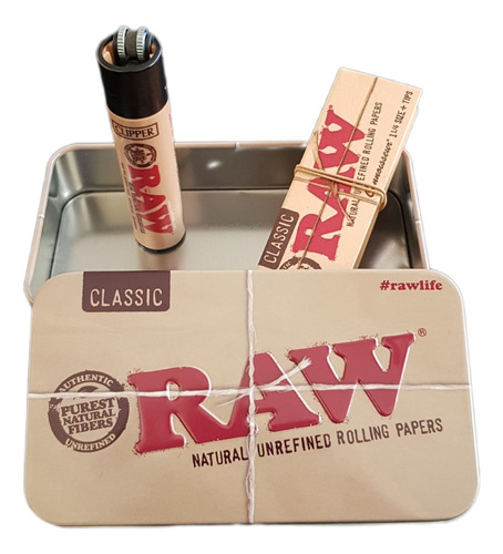 Pack Caja Metalica, Papelillo 1 1/4 50h 50t + Clipper Raw 