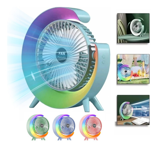 Ventilador De Escritorio Portátil Recargable Usb Con Luz Rgb 23.5 Cm 50 Azul Blanco Plástico 3
