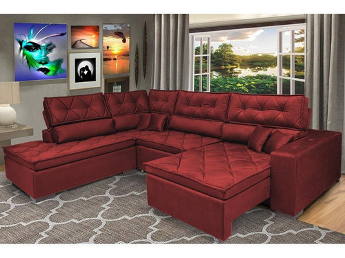 Sofá de Canto Retrátil e Reclinável com Molas Cama inBox Platinum Esquerdo 3,00x2,36 Suede Vermelho