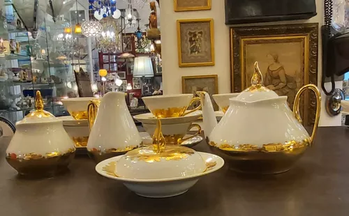 Conjunto de chá porcelana nobre, pintado de ouro, porcelana