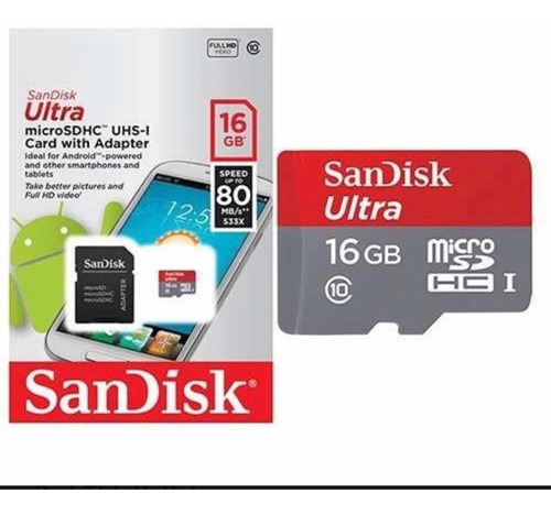 Micro Sd 16 Gb Sandisk Clase 10 Original 80 Mb/segundo