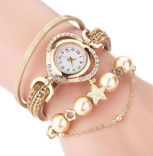 Relógio Feminino Vintage Bracelete Pulseira Pérolas Pingente