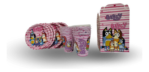 Kit Platos, Vasos, Dulceros 40 Invitados Personajes Bluey Rosa