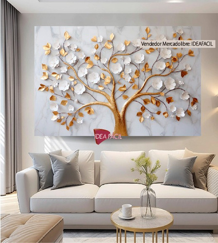 Cuadro Árbol Dorado Flores Blancas Canvas Grueso 140x90