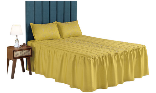 Colcha Diva Casal 3 Peças Bordada Cama Box Uso Diário Cor Amarelo