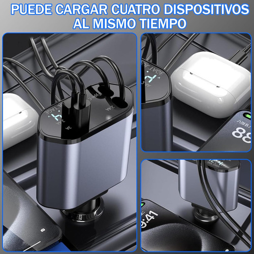 4 En 1 cargador retráctil de coche de carga rápida de 120w cargador carga rapida gris oscuro cables 80cm Vone usb-c color negro