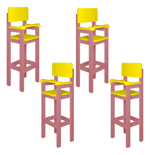 Kit 4 Cadeiras Alta Refeição Infantil Mdf Rosa/amarelo