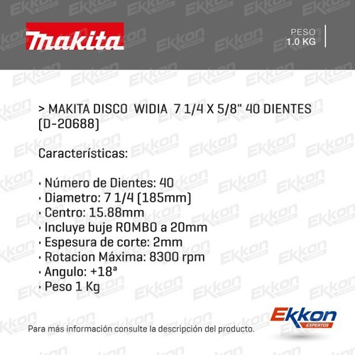 Imagen 2 de 8 de Disco De Corte Widia Makita 7 1/4 X 5/8 40 Dientes D-20688