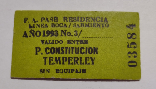 Boleto Pase De Tren Año 1993 A Estación Temperley 