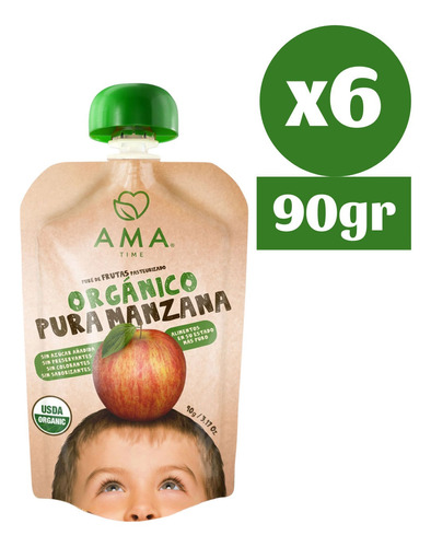 6x Ama Pure Fruta Manzana Orgánico Papilla Compota