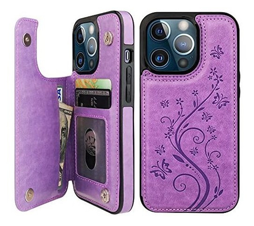 Funda Para iPhone 13 Pro/6.1/billetera/cuero Labrado/purpura