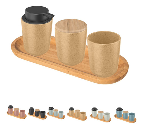 Conjunto Banheiro Osaka Cerâmica Dispenser Escova Bambu Cor Caramelo Marmorizado