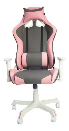 Silla de escritorio Audiotek MKZ-LKSGROS2376 gamer ergonómica  rosa y gris con tapizado de cuero sintético y tela