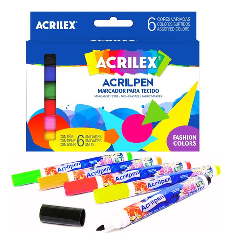 Acrilpen Caneta Para Tecido Marcador Acrilex Kit C/6 Cores