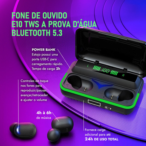 Fone De Ouvido Bluetooth Tws E10 Hardly Sem Fio Esportivo À Prova Dágua C/ Power Bank Case Display Corrida Academia Som Limpo Carrega Celular