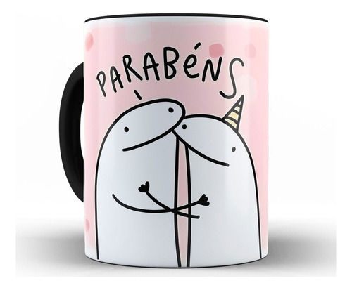 Caneca Meme Parabéns Mais Um Ano Alça Preta Cerâmica + Caixa