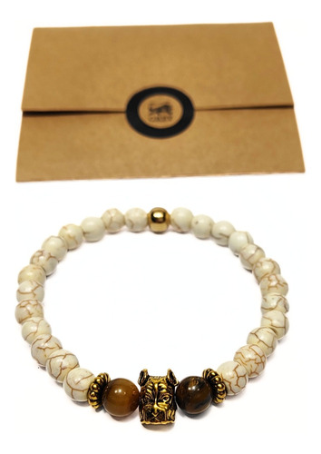 Pulsera De Hombre Con Piedra Ojo De Tigre + Bulldog Oro Ant.