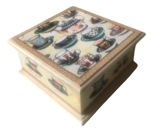 Caja De Té Con 4 Divisiones Decorada Con Decoupage Marfil (Usado)