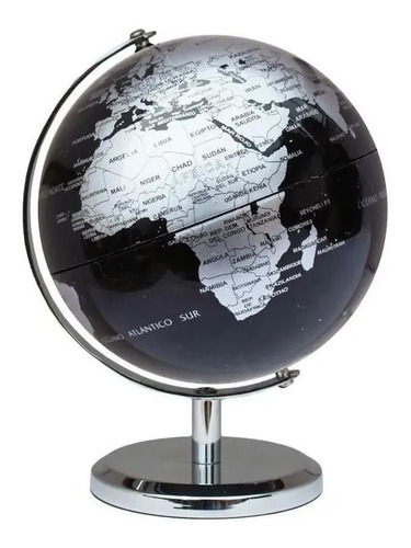 Globo Terraqueo 14 Cm Mapa Negro Base Metal Plateado