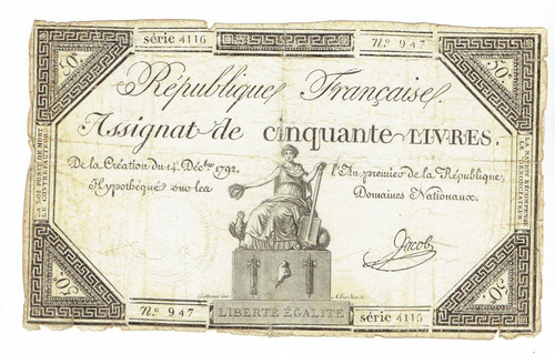 Billete De Francia, 50 Libras, 1792, 'asignado'. Jp