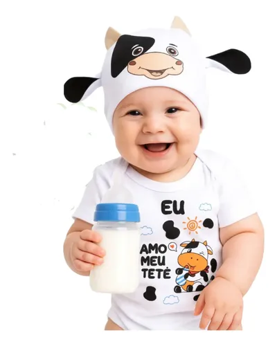 Body De Bebê Eu Amo Meu Tetê + Touca Bezerro - Mêsversario Branco P