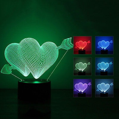 Flecha A Través Del Corazón Acrílico 3d Led Noche Colorida L