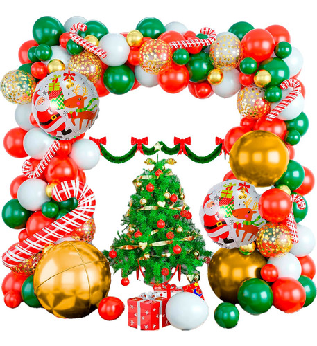 Kit Arco Decoración Globos Navidad Papá Noel Dorado Bastones