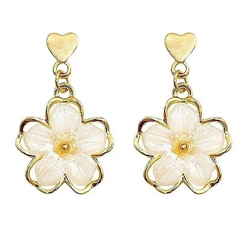 Aretes Flor Colgante Aperlada Blanco Brillante De Lujo Mujer