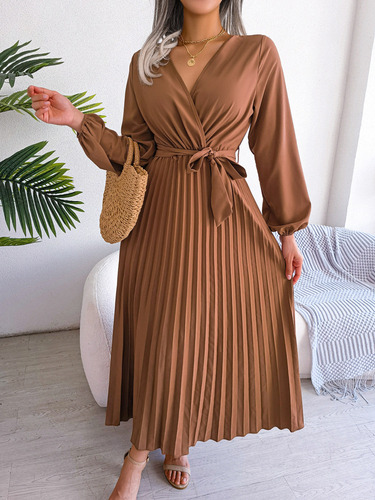 Elegante Vestido Plisado Con Cuello En V Cruzado For Mujer