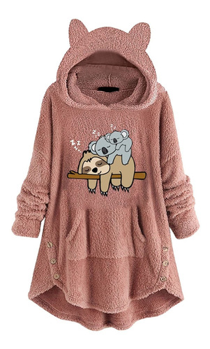 Dama Sweater Long Sleeve Ear Hoodie Cute Print Button