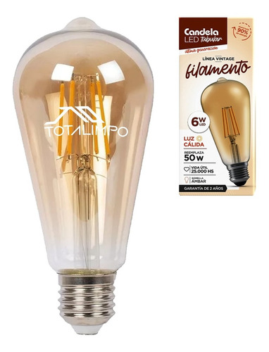 Lámpara Led Tubular Filamento 6w Luz Cálida Candela 6807 Cta