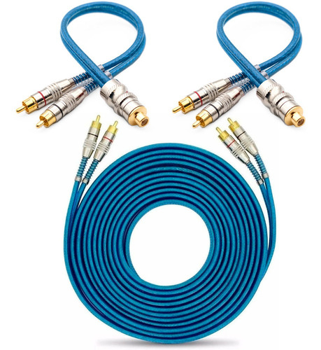 Kit 1 Cabo Rca 5 M + 2 Y Dupla Blindagem Cobre Azul Som