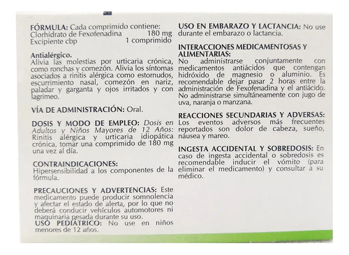 Fexofenadina 180mg, Caja Con 10 Comprimidos