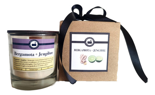 Vela Aromática De Soja Frasco Vidrio C/tapa Crema Lisa Bergamota Y Jengibre