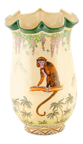 Vaso Em Cerâmica Craquelê, Com Pintura De Macacos, Coqueiros