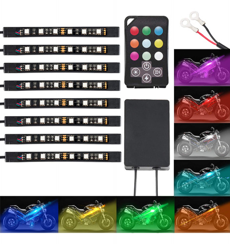 8 Tira Luz Led Para Motocicleta Rgb Multicolor Mando