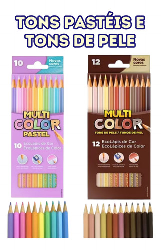 Kit Lápis Multicolor 36 Cores + 12 Tons Pele + 10 Pastel 36 Coloridos. 12 Tons De Pele E 10 Tons Pastéis