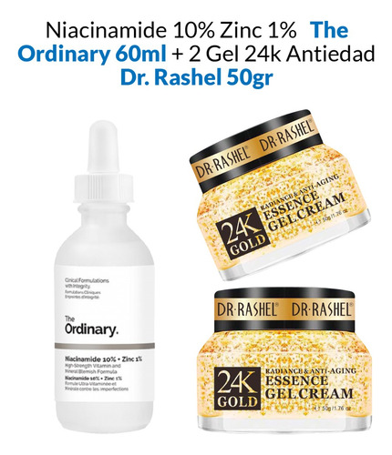 Niacinamide 10% Zinc 1%  60ml + 2 Gel 24k Antiedad 50gr