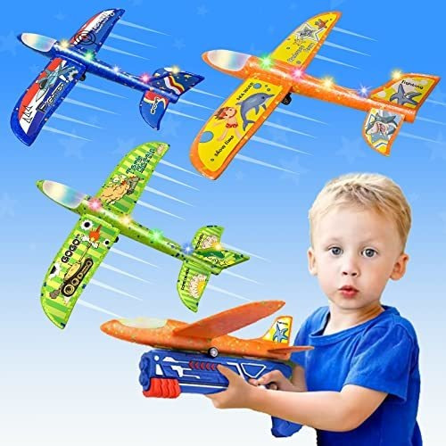 Airplane Toy With Launcher - 3 Pack Led Light Foam Ysn4g